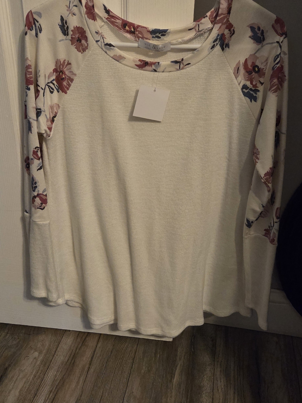 Waffle Knit Raglan Long Sleeve Top with Pink Floral Sleeves